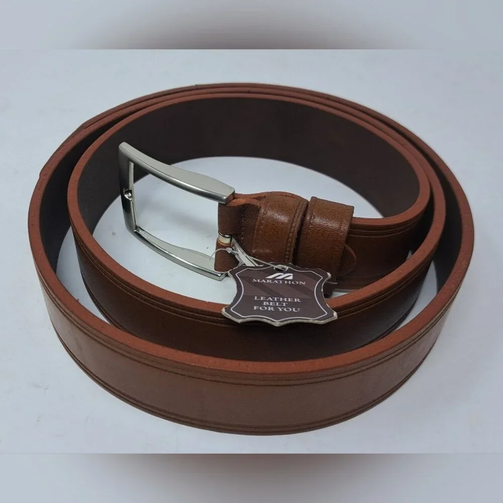 NWT Marathon Men's Leather Belt Brown Silver Buckle Size 41-45